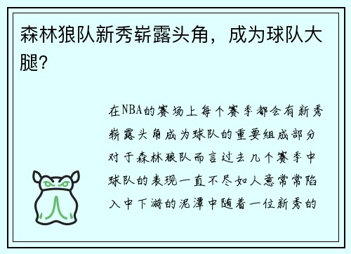 森林狼队新秀崭露头角，成为球队大腿？