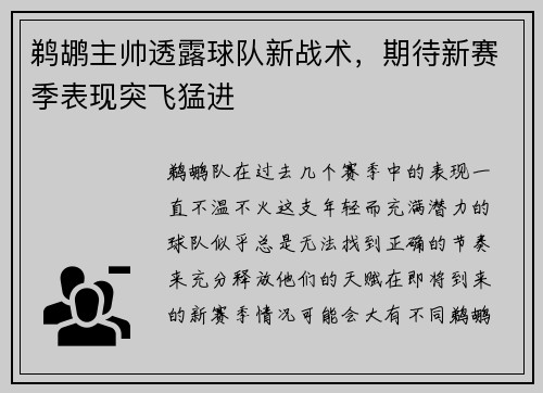 鹈鹕主帅透露球队新战术，期待新赛季表现突飞猛进