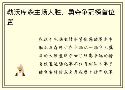 勒沃库森主场大胜，勇夺争冠榜首位置