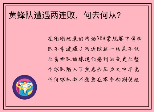 黄蜂队遭遇两连败，何去何从？