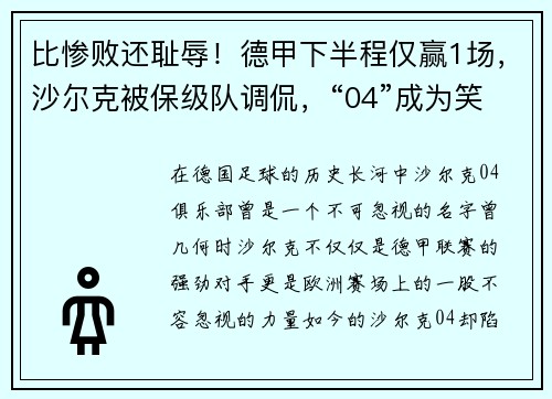 比惨败还耻辱！德甲下半程仅赢1场，沙尔克被保级队调侃，“04”成为笑柄