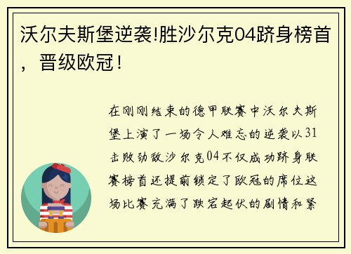 沃尔夫斯堡逆袭!胜沙尔克04跻身榜首，晋级欧冠！