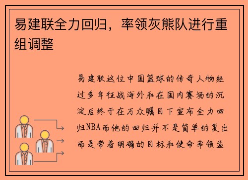 易建联全力回归，率领灰熊队进行重组调整