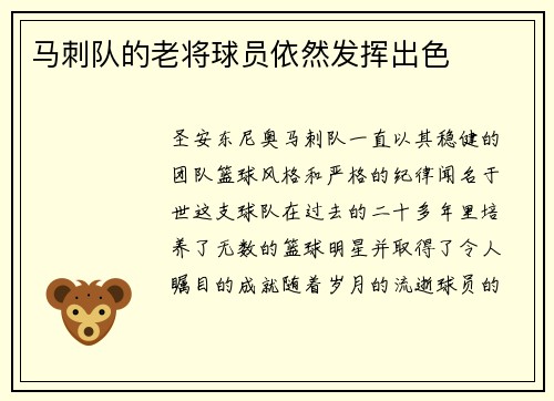 马刺队的老将球员依然发挥出色