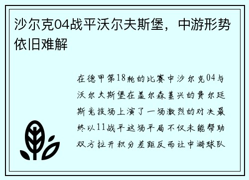 沙尔克04战平沃尔夫斯堡，中游形势依旧难解