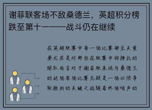 谢菲联客场不敌桑德兰，英超积分榜跌至第十一——战斗仍在继续