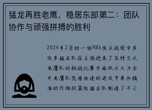 猛龙再胜老鹰，稳居东部第二：团队协作与顽强拼搏的胜利