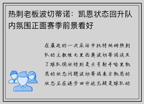 热刺老板波切蒂诺：凯恩状态回升队内氛围正面赛季前景看好