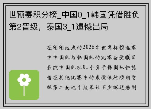 世预赛积分榜_中国0_1韩国凭借胜负第2晋级，泰国3_1遗憾出局
