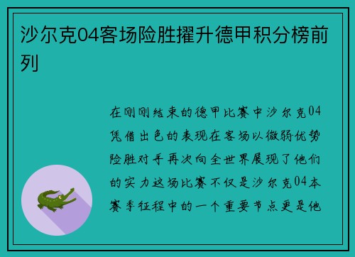 沙尔克04客场险胜擢升德甲积分榜前列