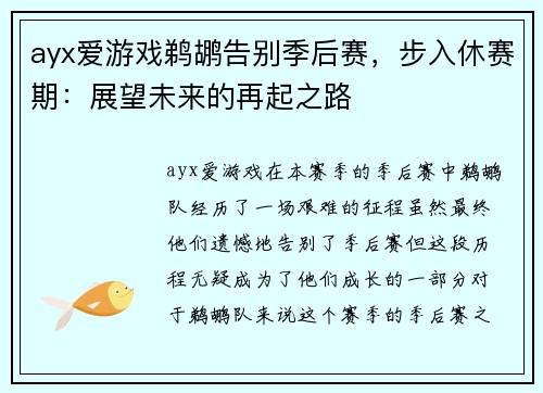 ayx爱游戏鹈鹕告别季后赛，步入休赛期：展望未来的再起之路